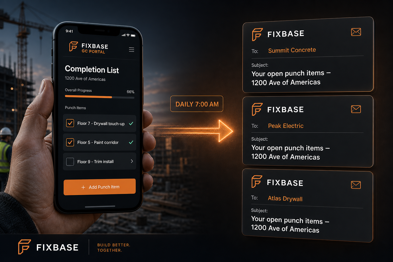 FixBase GC Portal — field completion updates trigger automatic 7 AM emails to subcontractors